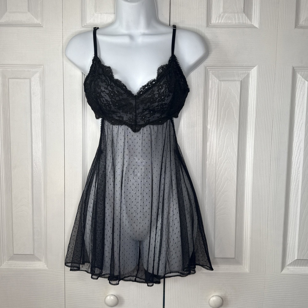 Victoria's Secret SP Mini Dress Nighty Black Sheer Polka Dot Lace Cutout Y2K